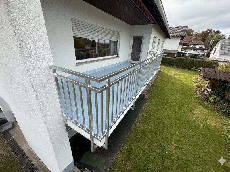 Balkongeländer aus verzinktem Rechteckrohr mit senkrechten Streben