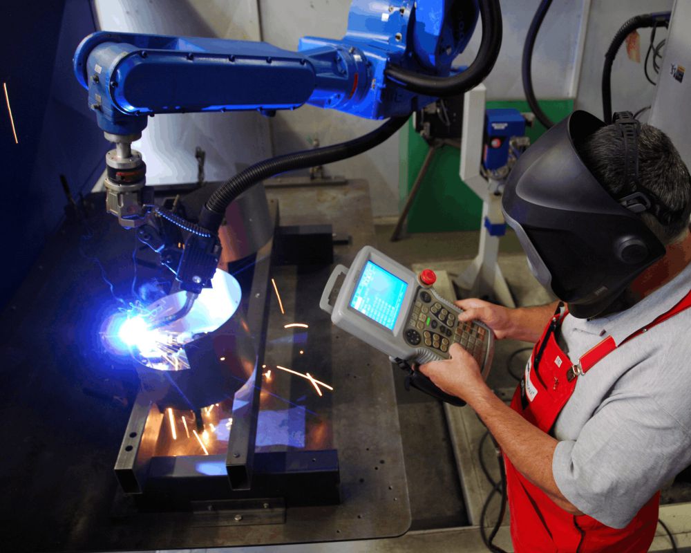 Automatisiertes Roboterschweißen für präzise und effiziente Metallbearbeitung – moderne Fertigungstechnik für Serienproduktion und Stahlbau